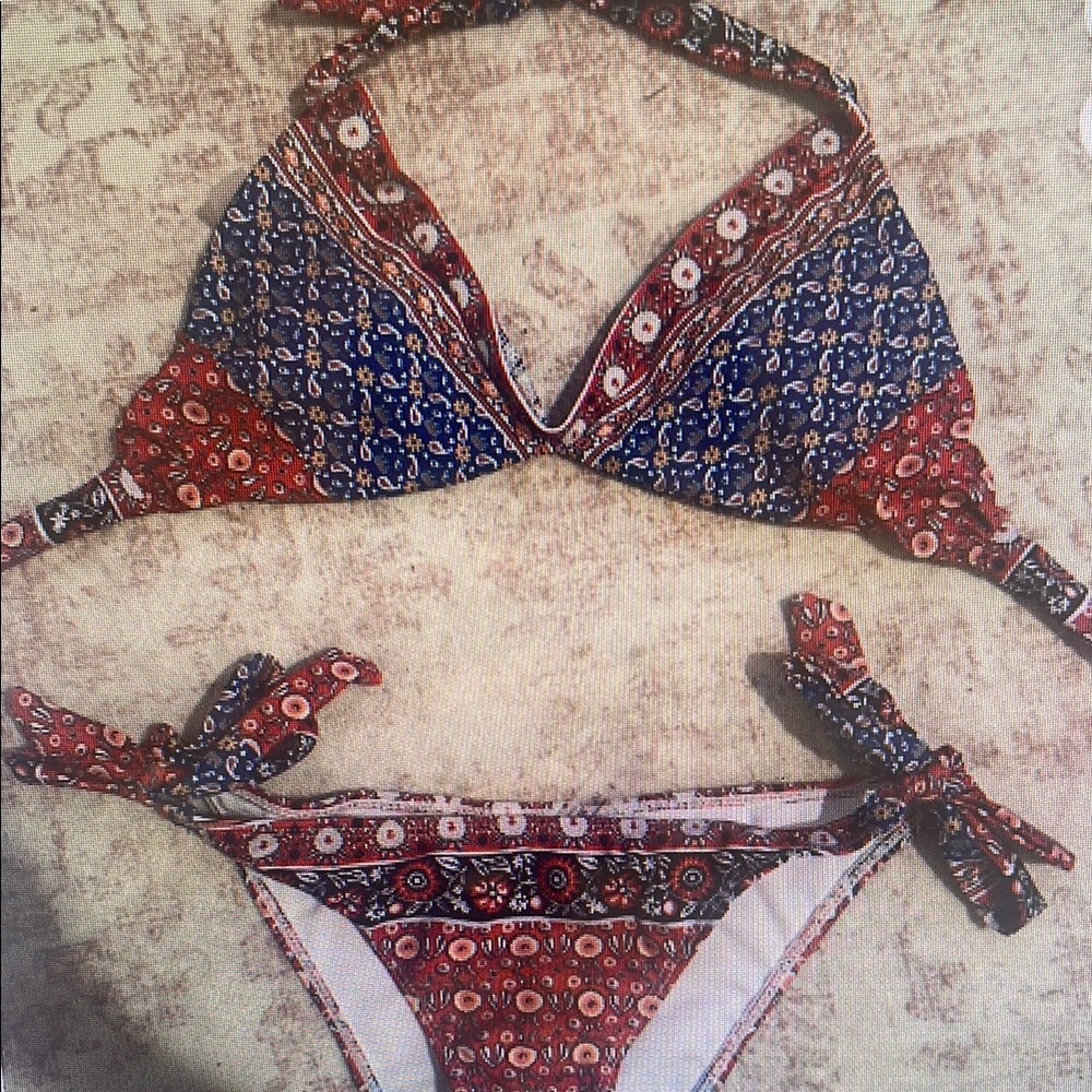 Red and Blue Patterned Bikini Set
